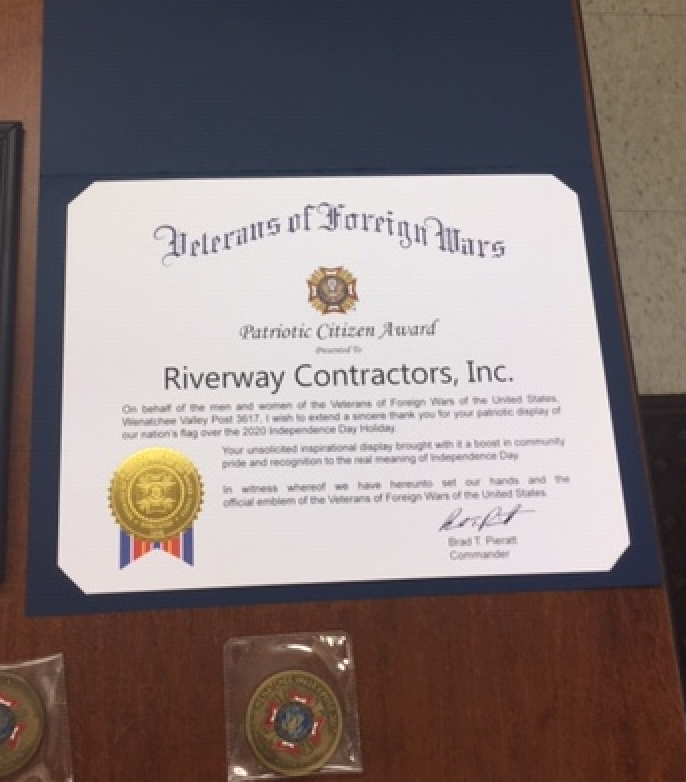 Veterans of Foreign Wars Patriotic Citizen Award presented to Riverway Contractors