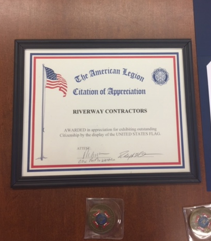 The American Legion Citation of Appreciation presented to Riverway Contractors